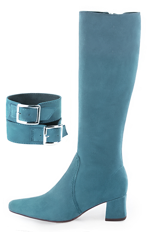 Peacock blue women's calf bracelets, to wear over boots. Top view - Florence KOOIJMAN